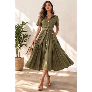 Elie Tahari Olive Utility Shirt Dress Pleated Midi Belted Linen Blend M